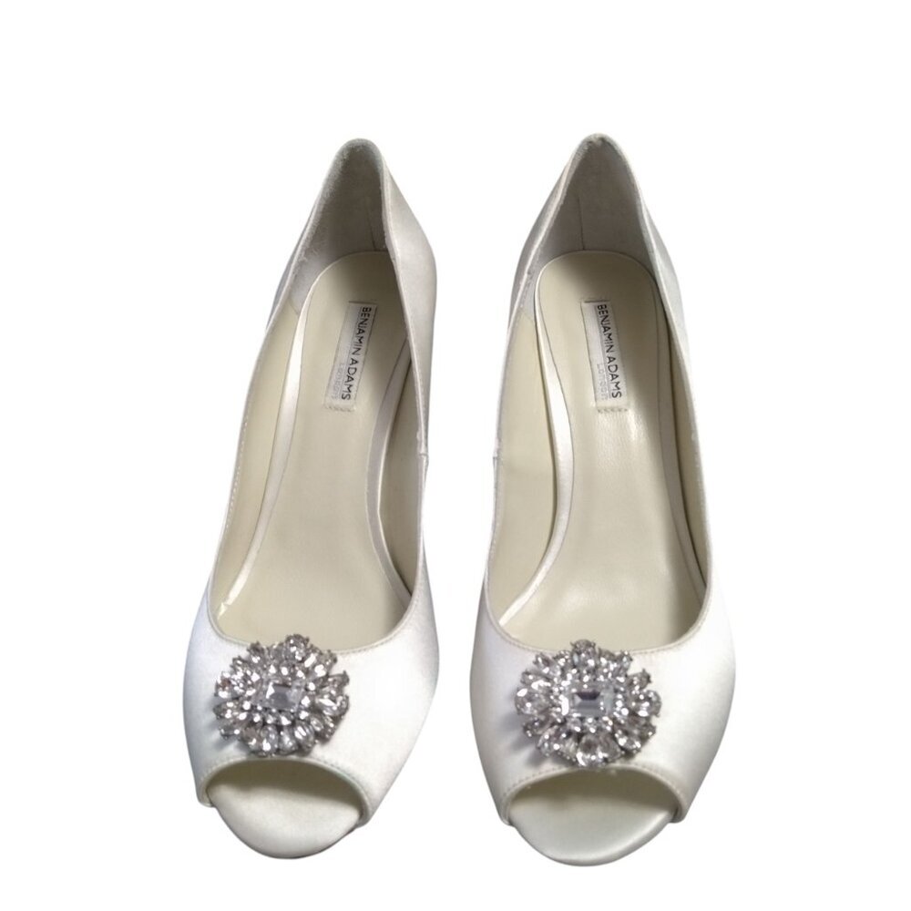 Benjamin Adams Helen Ivory Silk Satin Wedge Open Toe Swarovski Crystal Size 8